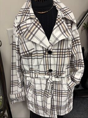 Fashion Bug White Plaid Belted Trench Coat with Taupe and Black Stripes